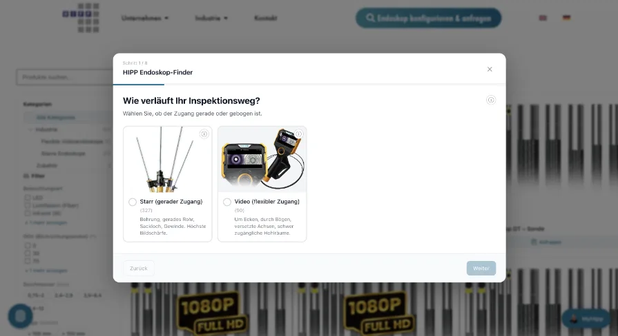 Endoskop-Finder von Hipp Endoskopie Service – geführte Produktauswahl, Schritt 1