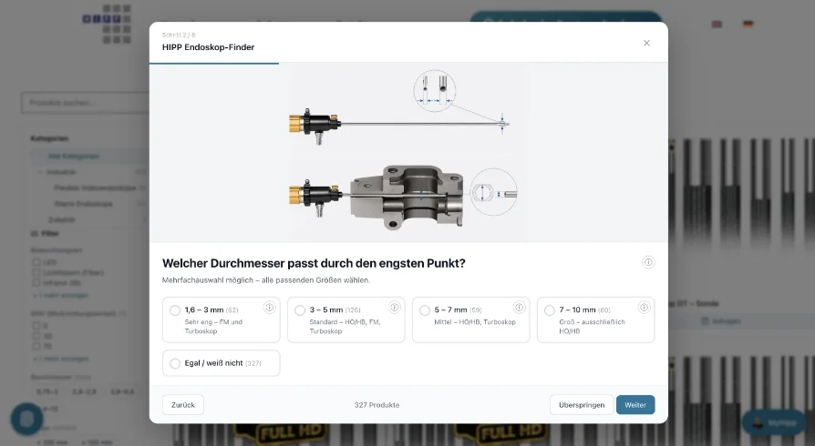 Endoskop-Finder von Hipp Endoskopie Service – geführte Produktauswahl, Schritt 2