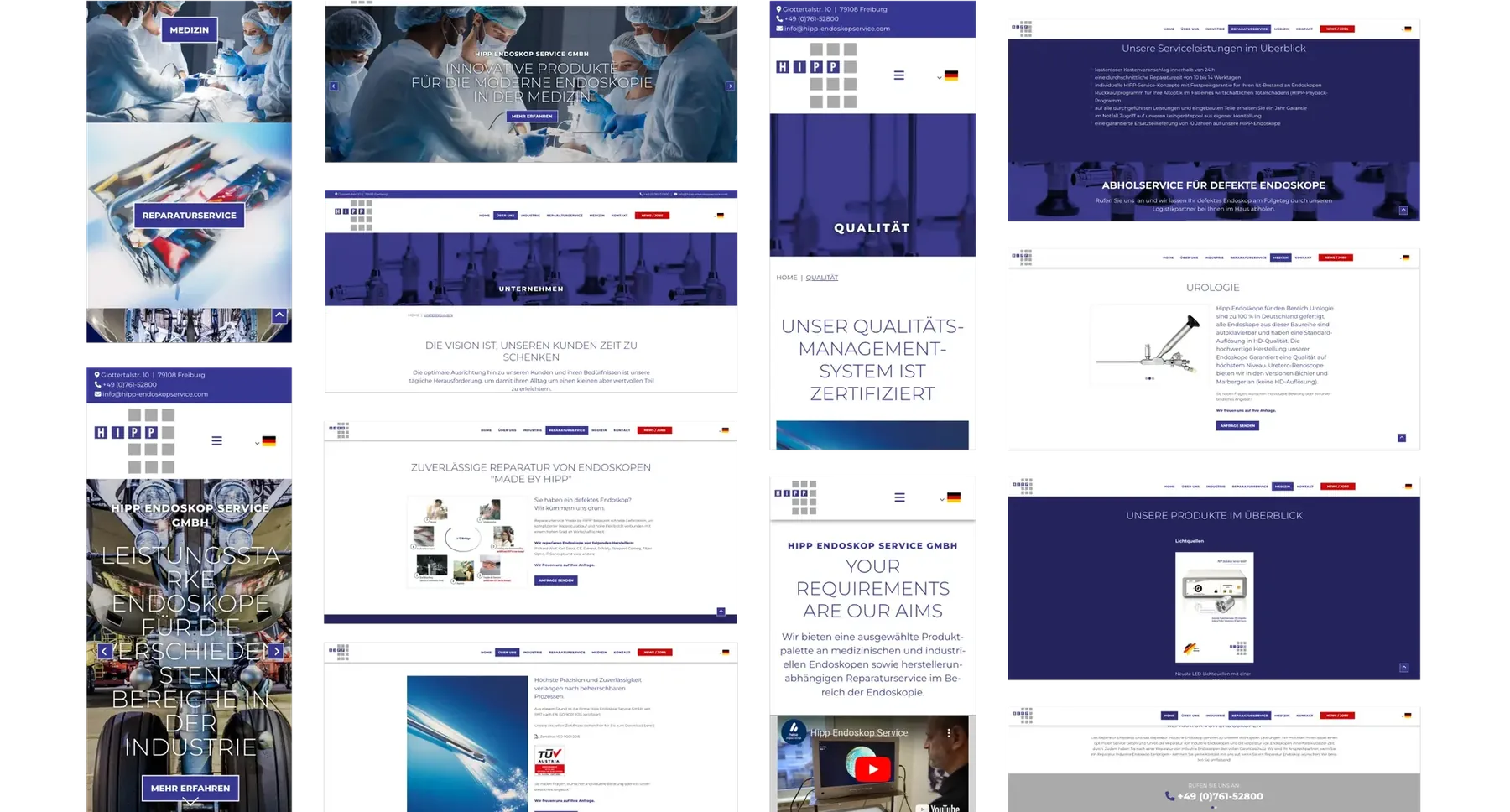 Screens der alten Hipp-Endoskopie-Service-Website vor dem Relaunch – uneinheitliches Layout und veraltete Struktur