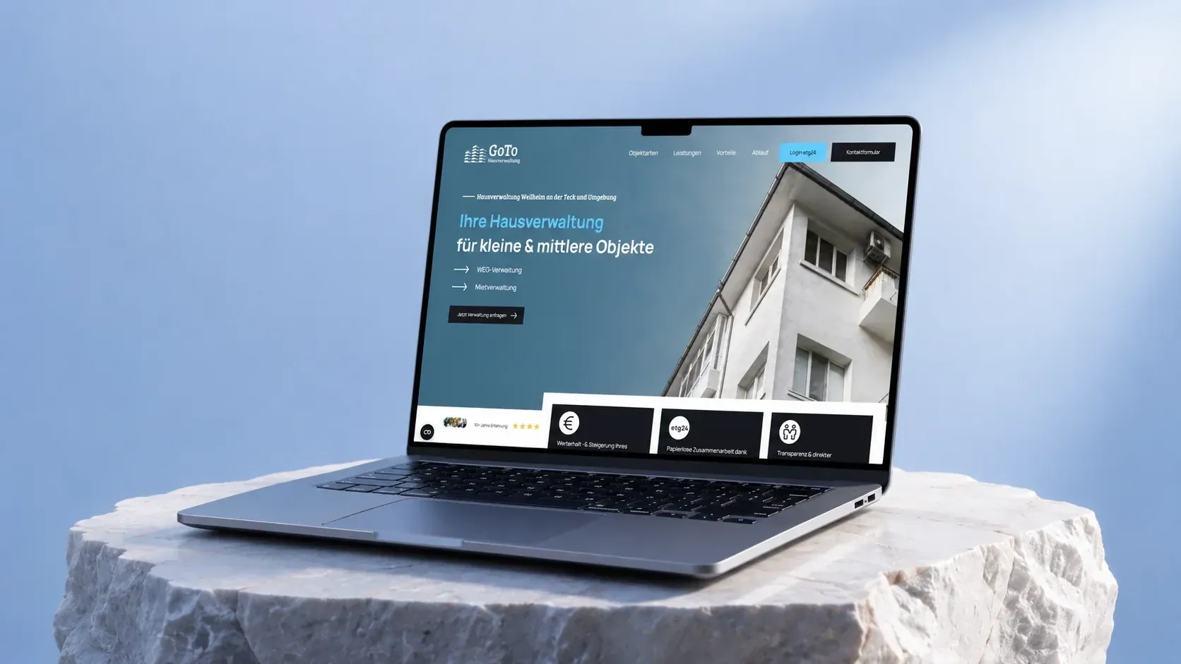 Cateon Webdesign Referenz: GoTo Hausverwaltung Website im MacBook-Mockup